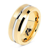 Load image into Gallery viewer, Wholesale Men&#39;s 8mm Band Silver Strip Grooved Gold Plated Tungsten Carbide Ring