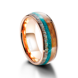 Load image into Gallery viewer, 8mm Domed Antler Whisky Barrel Wood Malachite Inlay Tungsten Carbide Rings