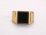 Load image into Gallery viewer, High Polished Black Agate Stone Inlay 24K Gold Plated Stainless Steel Rings for Men Fashion Jewelry