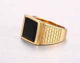 Load image into Gallery viewer, High Polished Black Agate Stone Inlay 24K Gold Plated Stainless Steel Rings for Men Fashion Jewelry