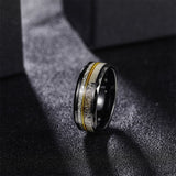 Load image into Gallery viewer, 8mm Hammered Black Tungsten Rings with Gold Guitar String Antler and Silver Silk Inlay