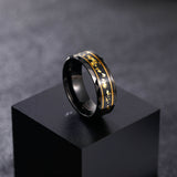 Load image into Gallery viewer, 8mm Wide Bands Hammered Edge Black Meteorite Gold Foil Plated Tungsten Carbide Ring