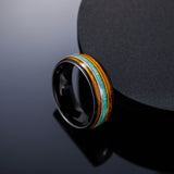 Load image into Gallery viewer, 8mm Wine Barrel Wood Green Opal Dual Gold Silver Guitar Strings Inlay Tungsten Carbide Ring