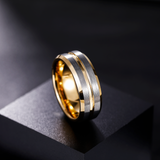 Load image into Gallery viewer, 8mm 24K Gold Plated Grooved Silver Brushed Tungsten Carbide Ring