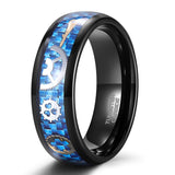 Load image into Gallery viewer, Ringsmaker 8mm Black Blue Tungsten Carbide Ring Men Blue Carbon Fiber Steampunk Gear Inlay Ring